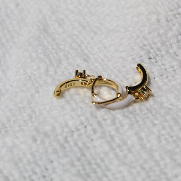 Sterling Silver White Enamel Hoop Earrings with Simulated Diamond - Picture 7 of 11